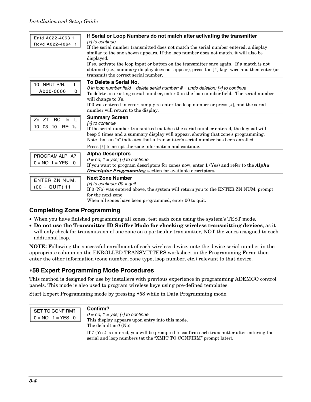 Honeywell VISTA-20PSIA, VISTA-15PSIA setup guide Completing Zone Programming, ∗58 Expert Programming Mode Procedures 