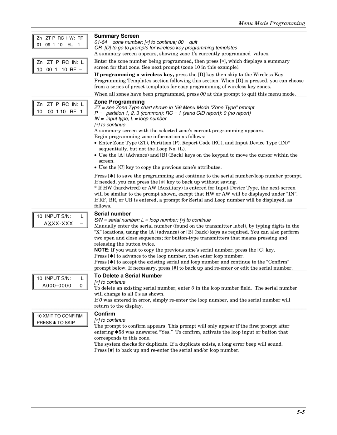 Honeywell VISTA-20PSIA, VISTA-15PSIA setup guide Zone Programming, Serial number, To Delete a Serial Number, Confirm 