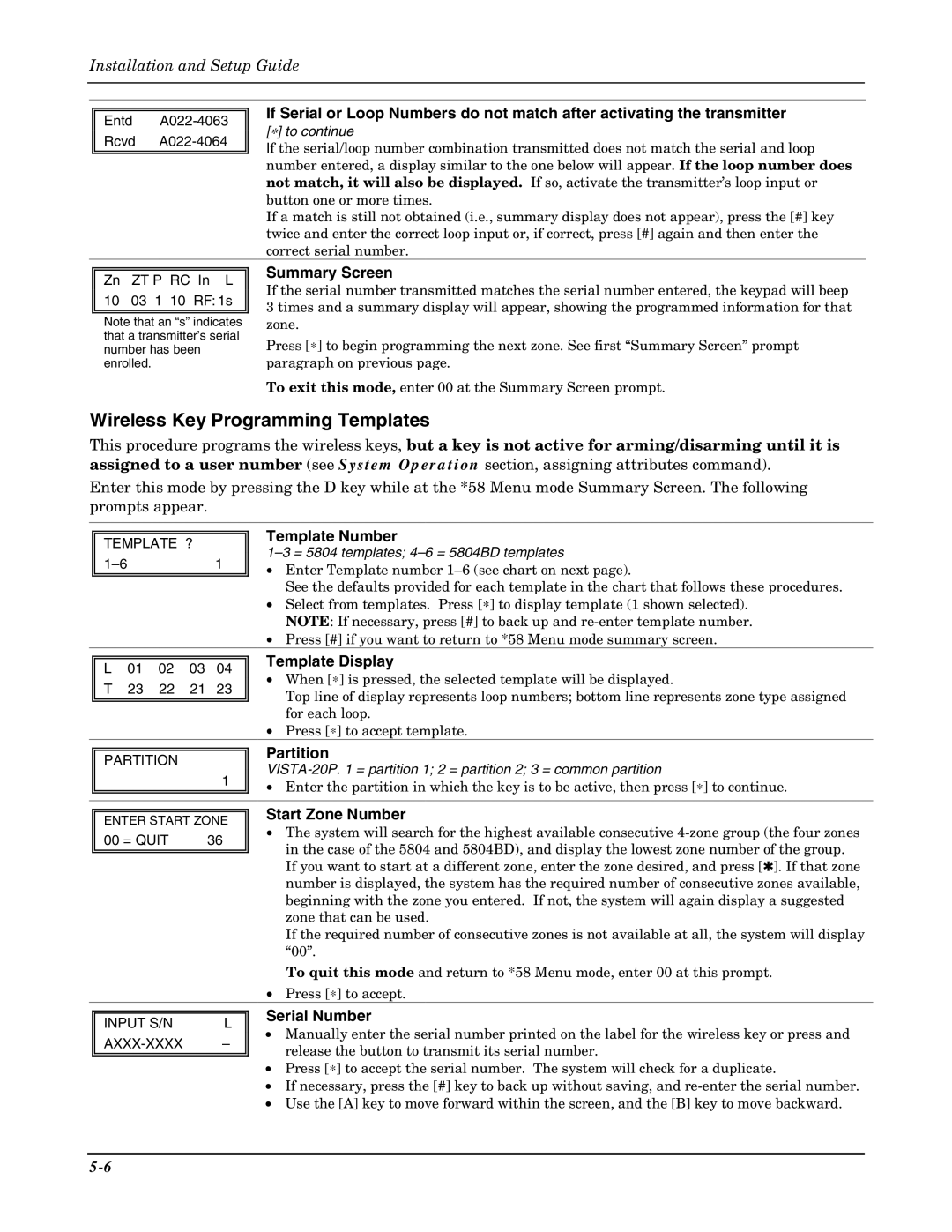 Honeywell VISTA-15PSIA Wireless Key Programming Templates, Template Number, Template Display, Partition, Start Zone Number 