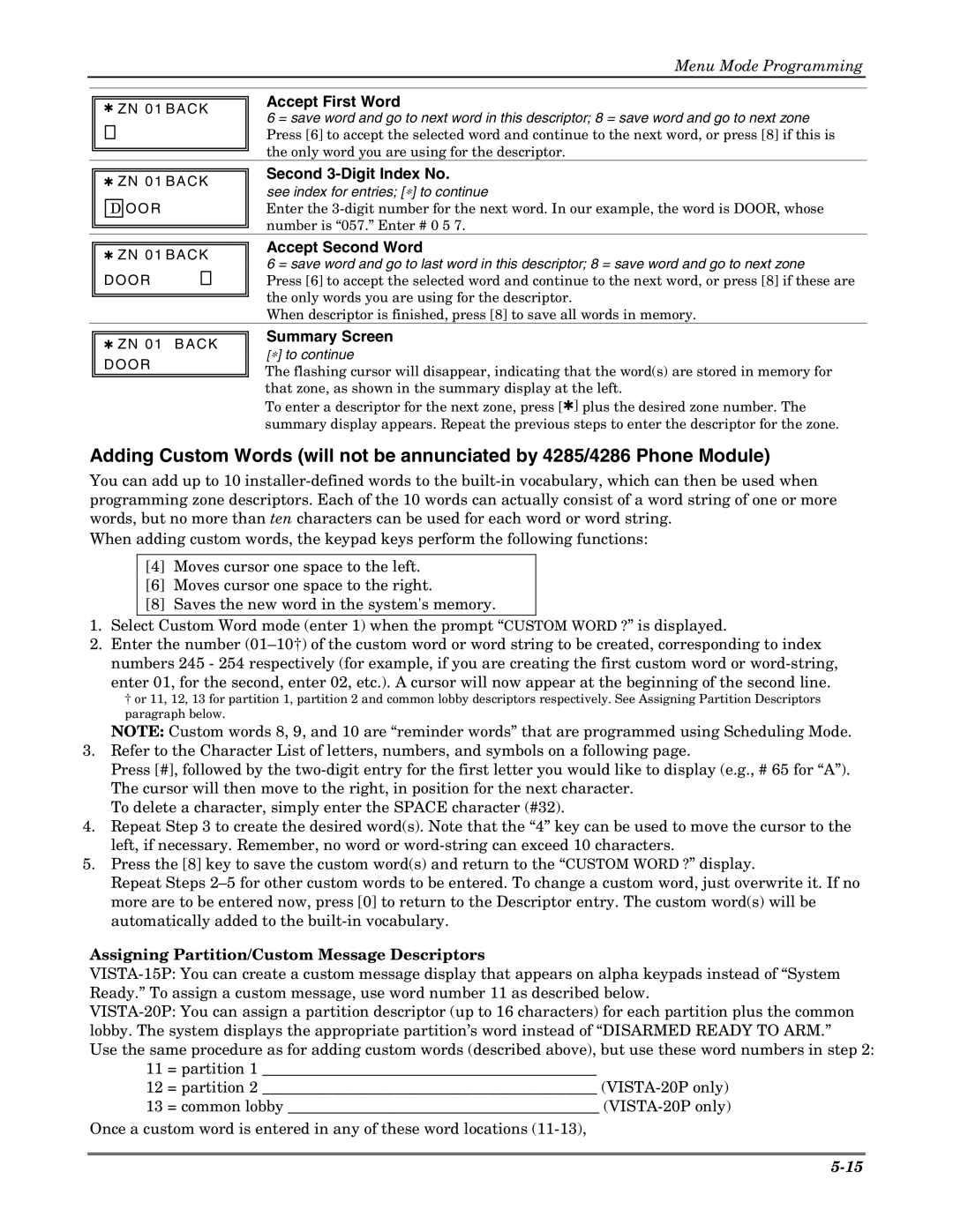 Honeywell VISTA-20PSIA, VISTA-15PSIA setup guide Accept First Word, Second 3-Digit Index No, Accept Second Word 