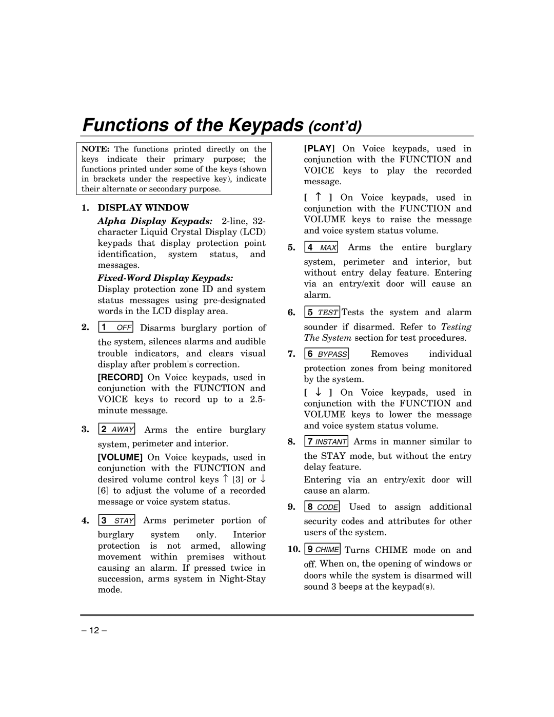 Honeywell VISTA-21IPSIA manual Functions of the Keypads cont’d 