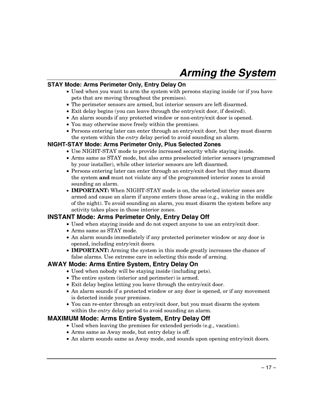 Honeywell VISTA-21IPSIA manual Arming the System, Instant Mode Arms Perimeter Only, Entry Delay Off 