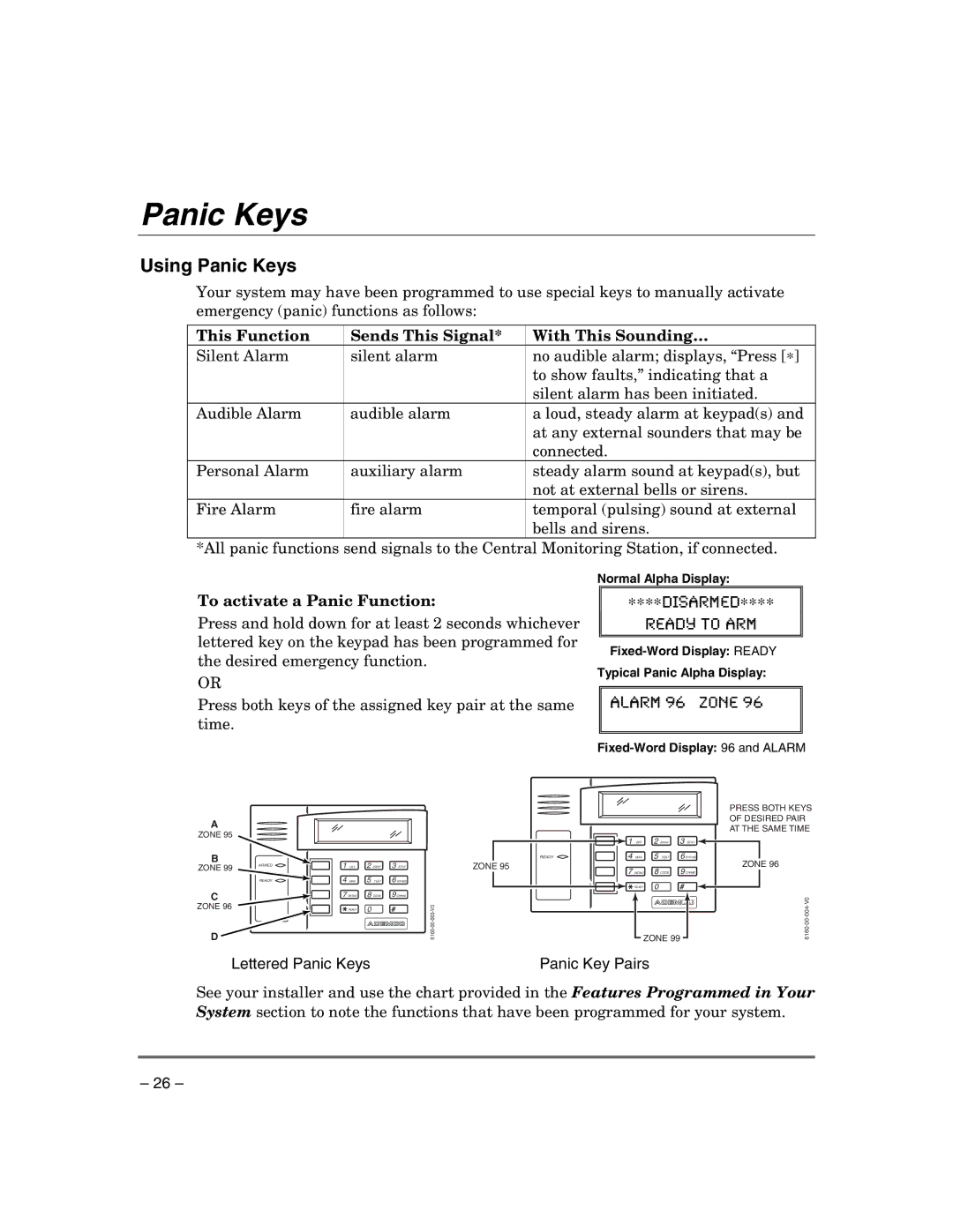 Honeywell VISTA-21IPSIA manual Using Panic Keys, This Function Sends This Signal With This Sounding… 