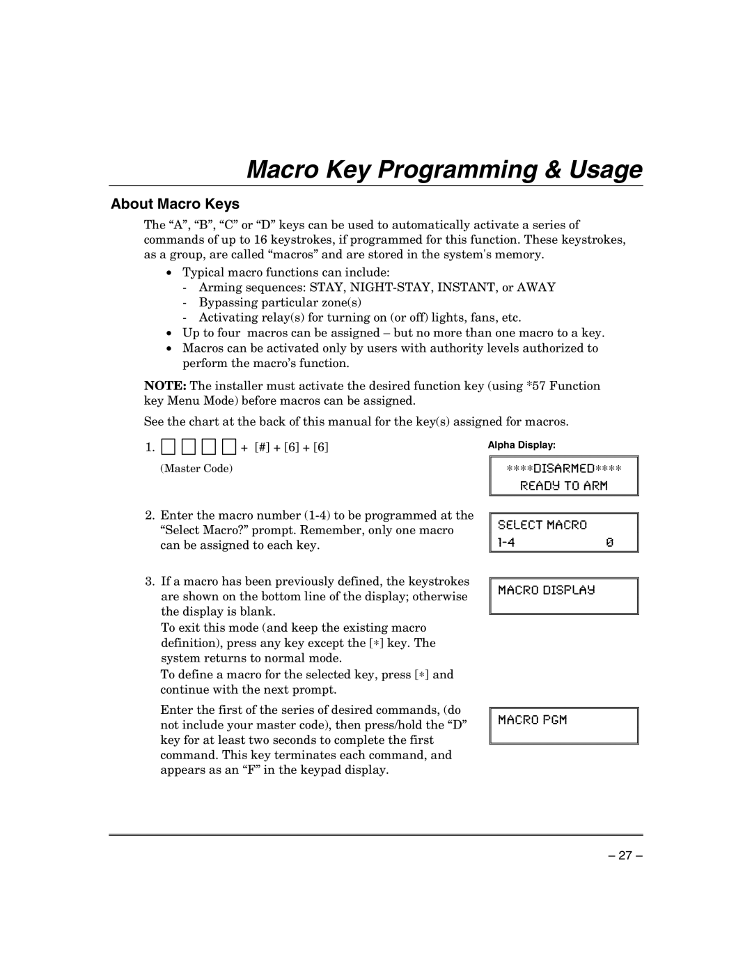 Honeywell VISTA-21IPSIA manual Macro Key Programming & Usage, About Macro Keys 