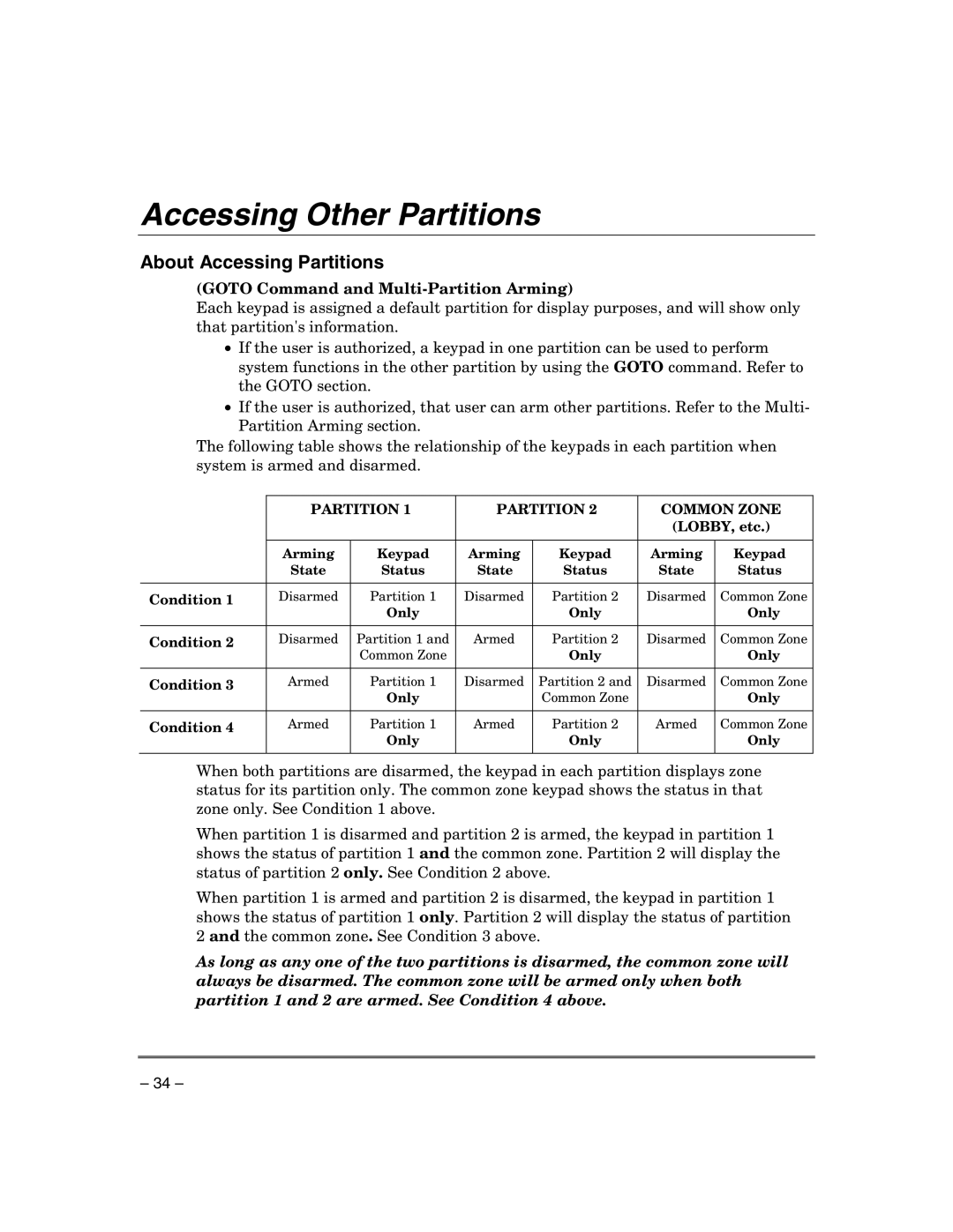 Honeywell VISTA-21IPSIA Accessing Other Partitions, About Accessing Partitions, Goto Command and Multi-Partition Arming 