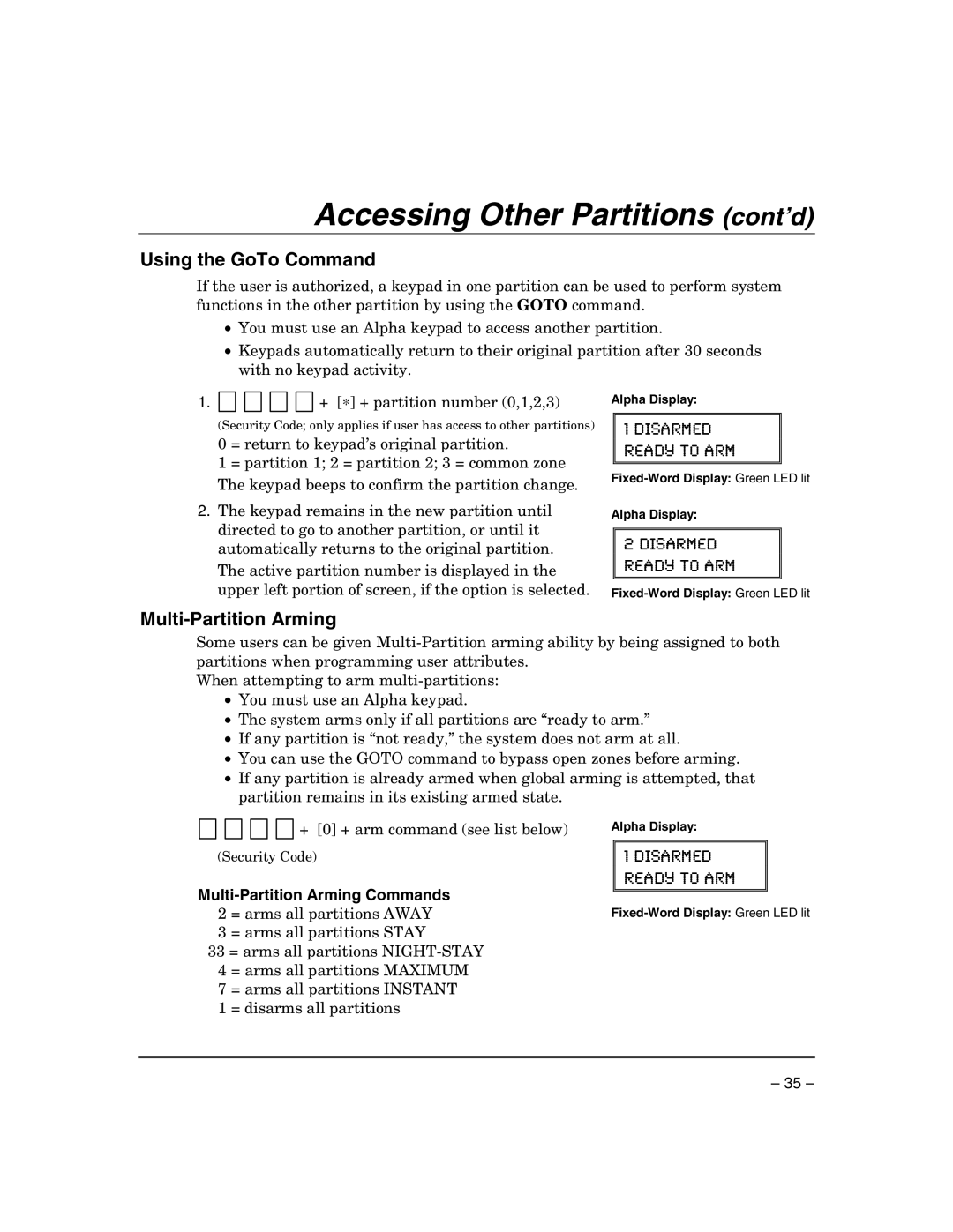 Honeywell VISTA-21IPSIA manual Accessing Other Partitions cont’d, Using the GoTo Command, Multi-Partition Arming 