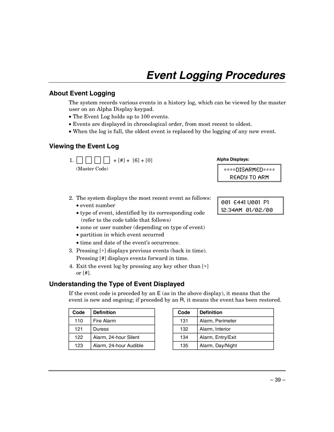 Honeywell VISTA-21IPSIA manual Event Logging Procedures, About Event Logging, Viewing the Event Log 