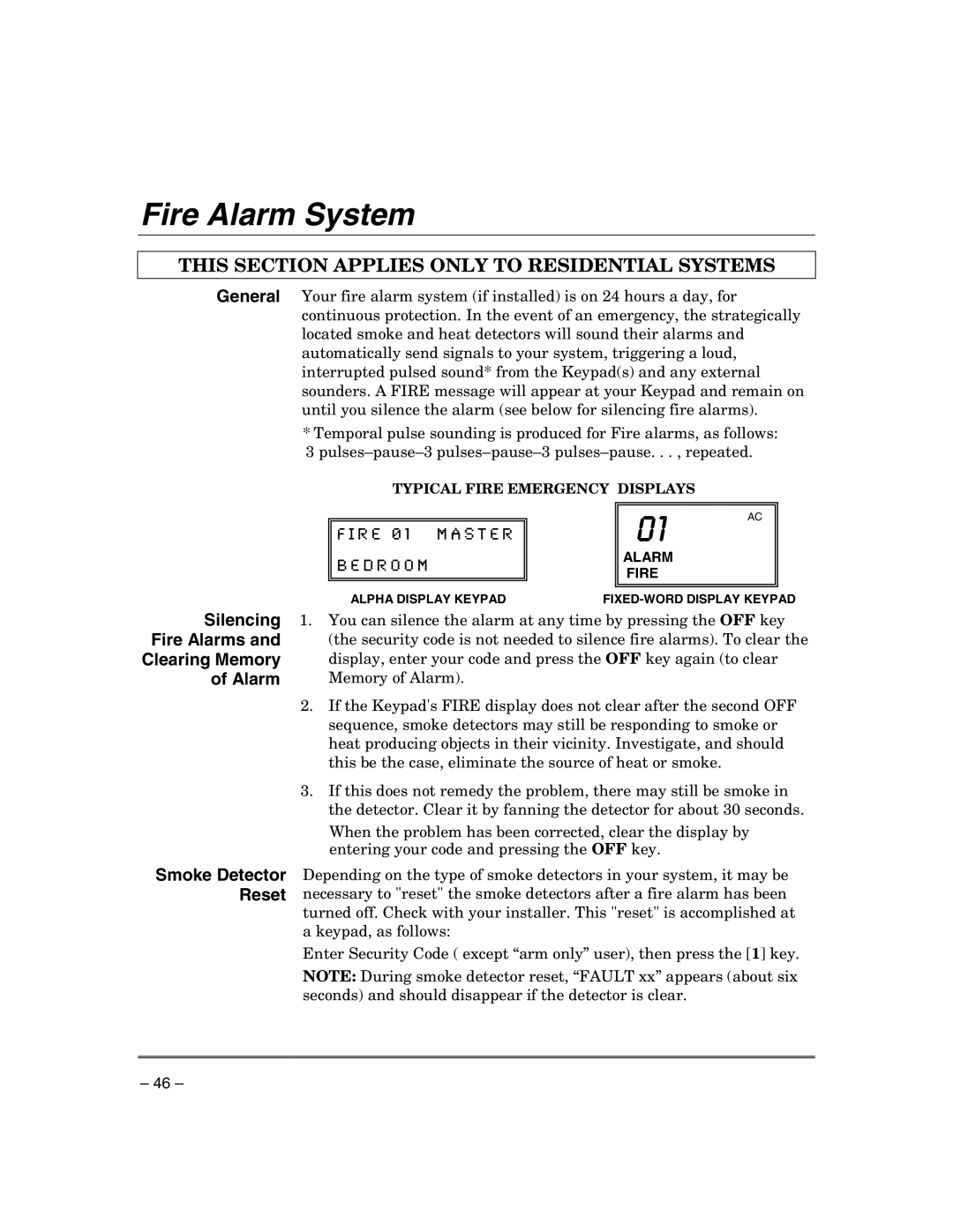 Honeywell VISTA-21IPSIA manual Fire Alarm System, This Section Applies only to Residential Systems 