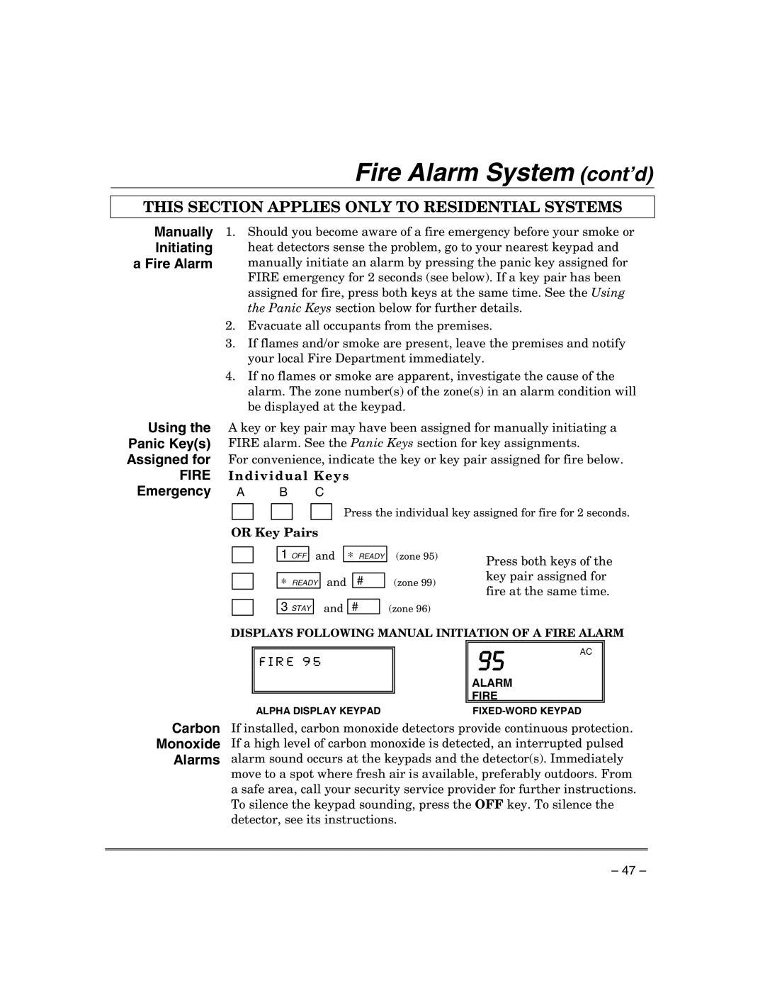 Honeywell VISTA-21IPSIA manual Fire Alarm System cont’d, Individual Keys, Or Key Pairs 