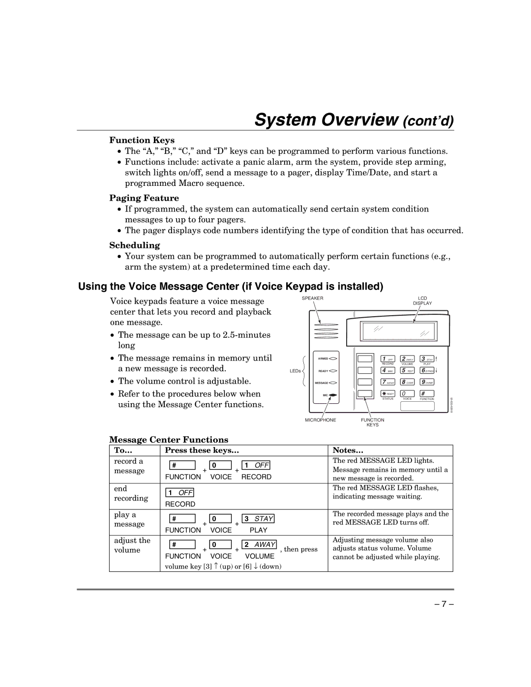 Honeywell VISTA-21IP manual Using the Voice Message Center if Voice Keypad is installed, Function Keys, Paging Feature 