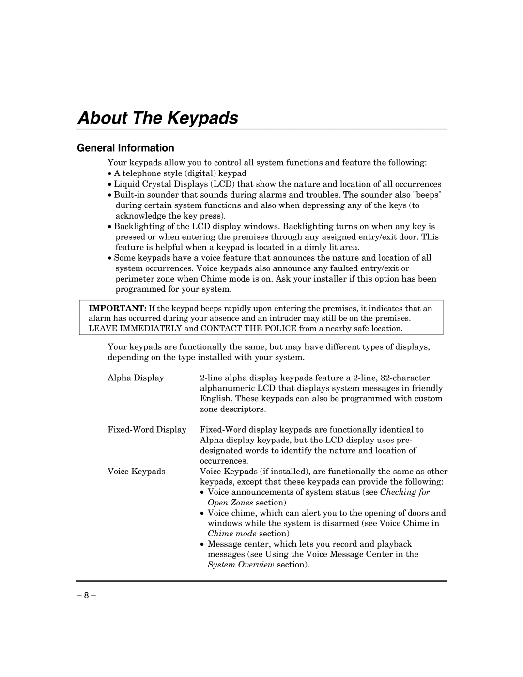 Honeywell VISTA-21IPSIA manual About The Keypads, General Information 