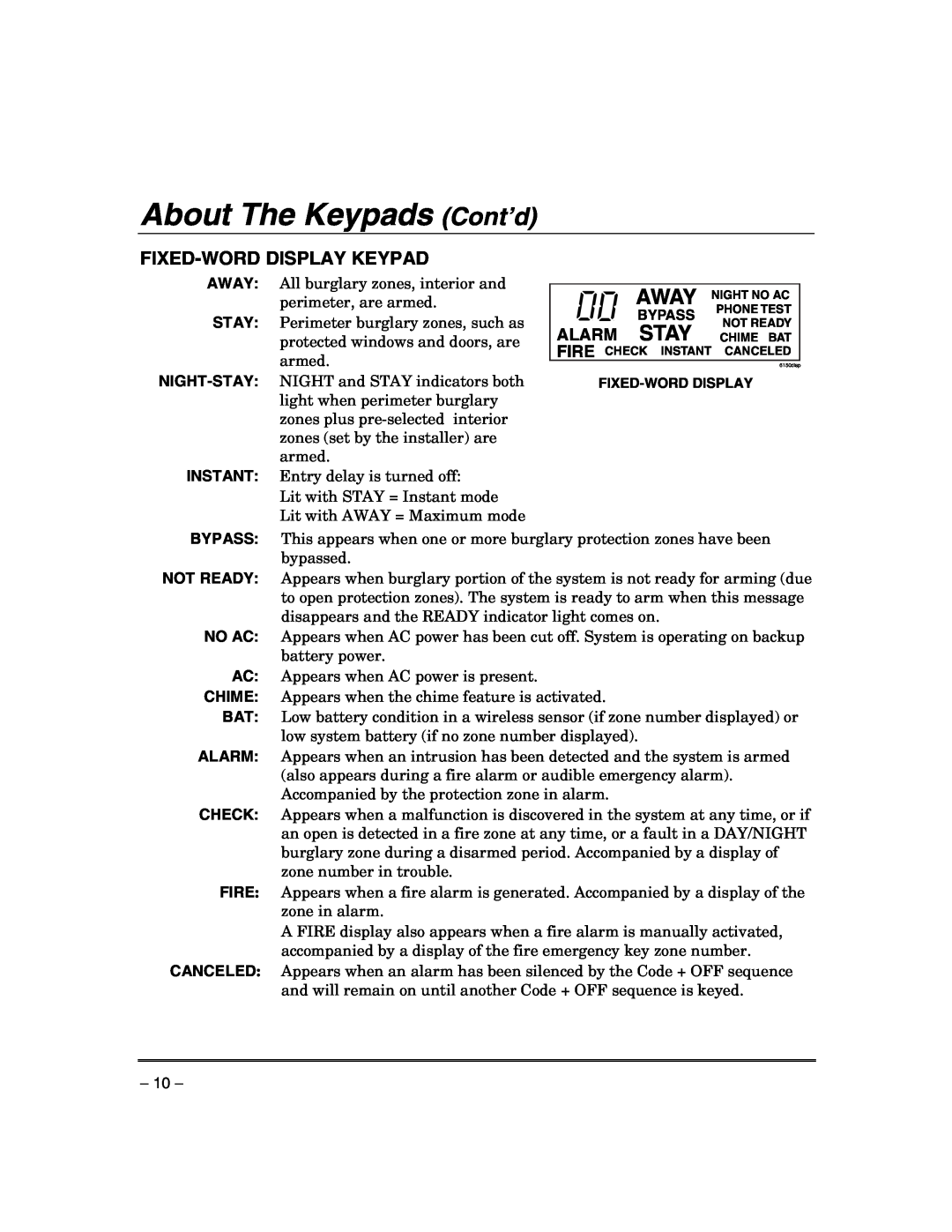 Honeywell VISTA-21IPSIA manual About The Keypads Cont’d, Fixed-Worddisplay Keypad 