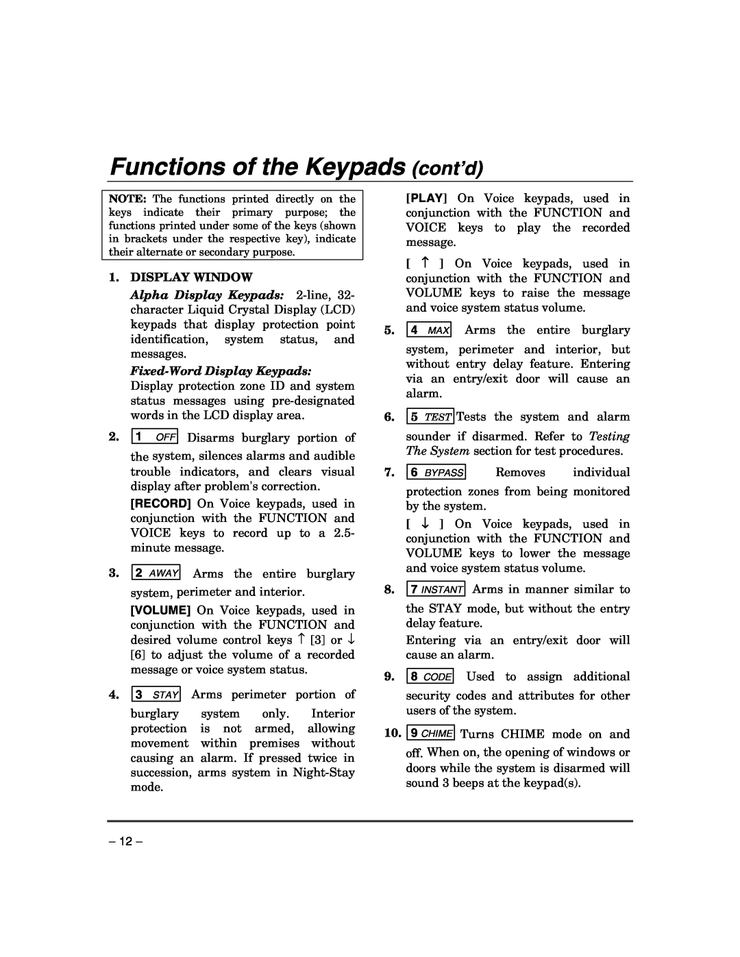 Honeywell VISTA-21IPSIA manual Functions of the Keypads cont’d, Display Window 
