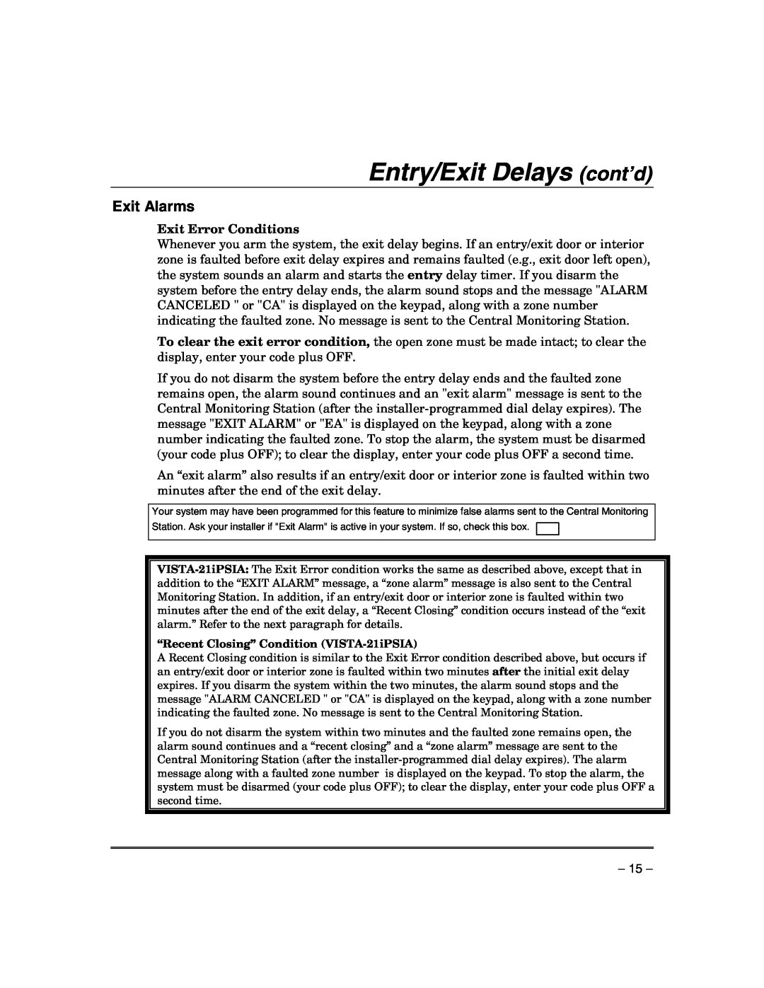 Honeywell VISTA-21IPSIA manual Entry/Exit Delays cont’d, Exit Alarms, Exit Error Conditions 