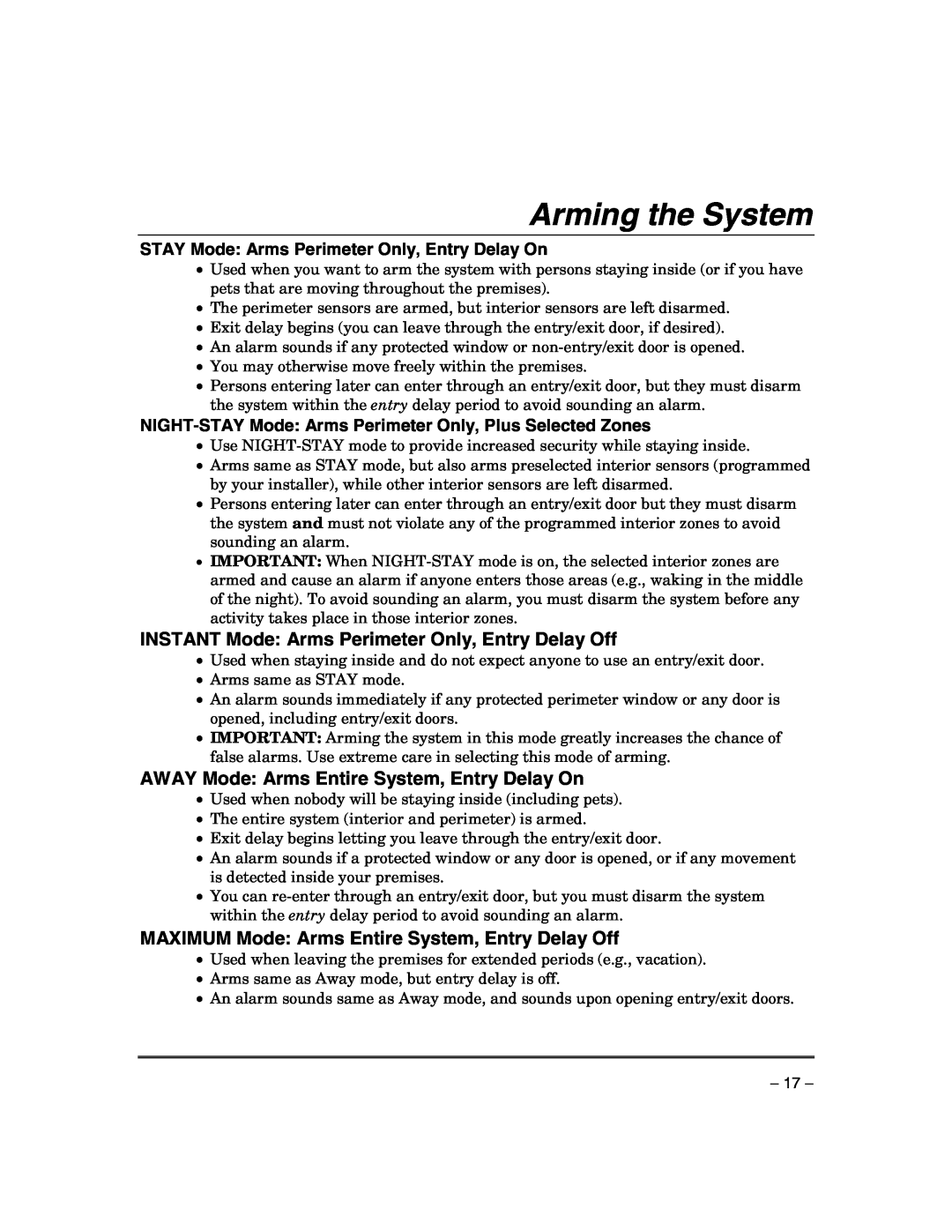 Honeywell VISTA-21IPSIA manual Arming the System, AWAY Mode Arms Entire System, Entry Delay On 
