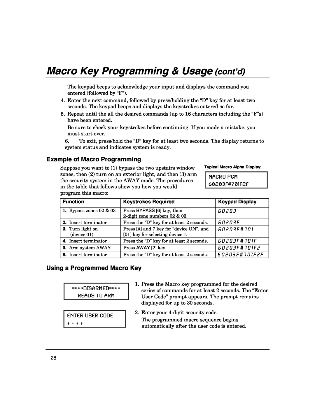 Honeywell VISTA-21IPSIA Macro Key Programming & Usage cont’d, Example of Macro Programming, Using a Programmed Macro Key 