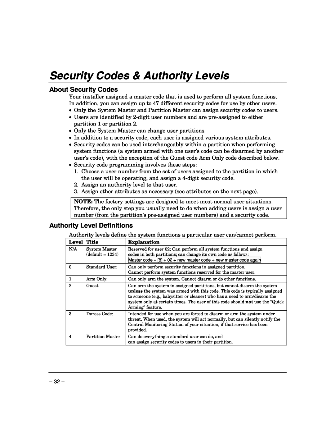 Honeywell VISTA-21IPSIA manual Security Codes & Authority Levels, About Security Codes, Authority Level Definitions 