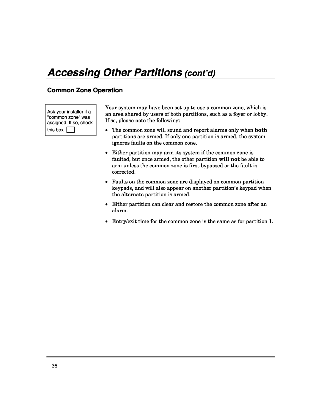 Honeywell VISTA-21IPSIA manual Common Zone Operation, Accessing Other Partitions cont’d 