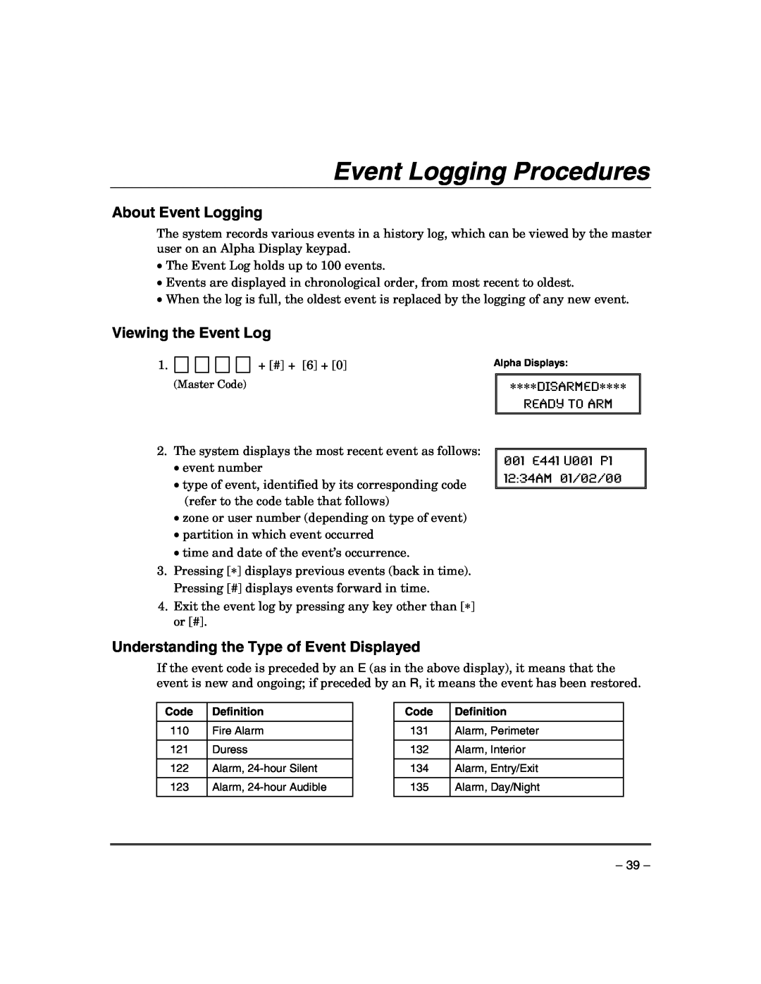 Honeywell VISTA-21IPSIA manual Event Logging Procedures, About Event Logging, Viewing the Event Log 
