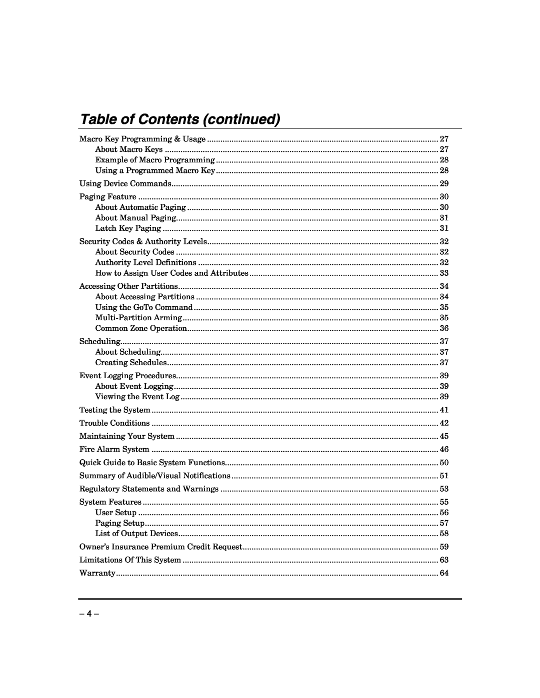 Honeywell VISTA-21IPSIA manual Table of Contents continued 