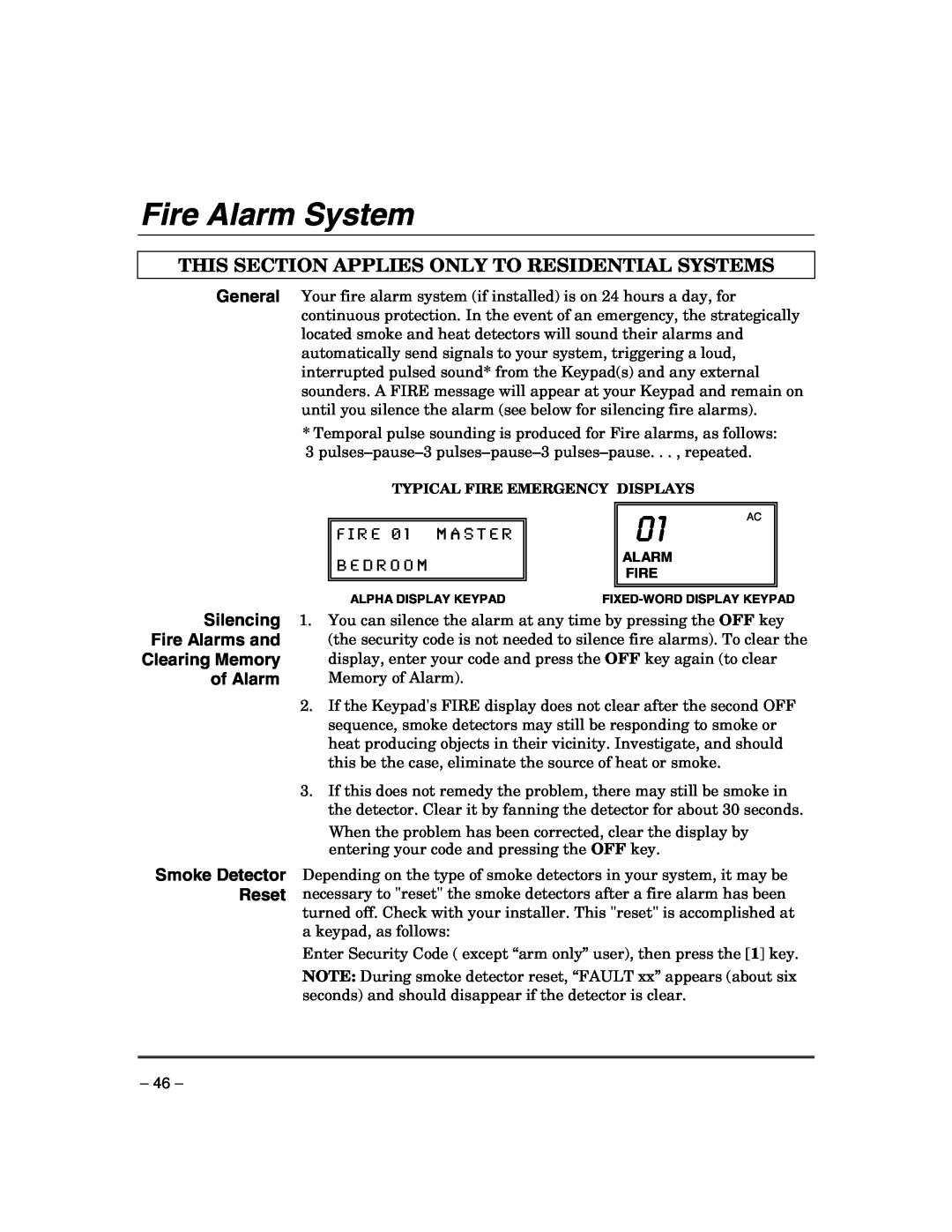 Honeywell VISTA-21IPSIA manual Fire Alarm System, This Section Applies Only To Residential Systems, F I R E 0 1 M A S T E R 