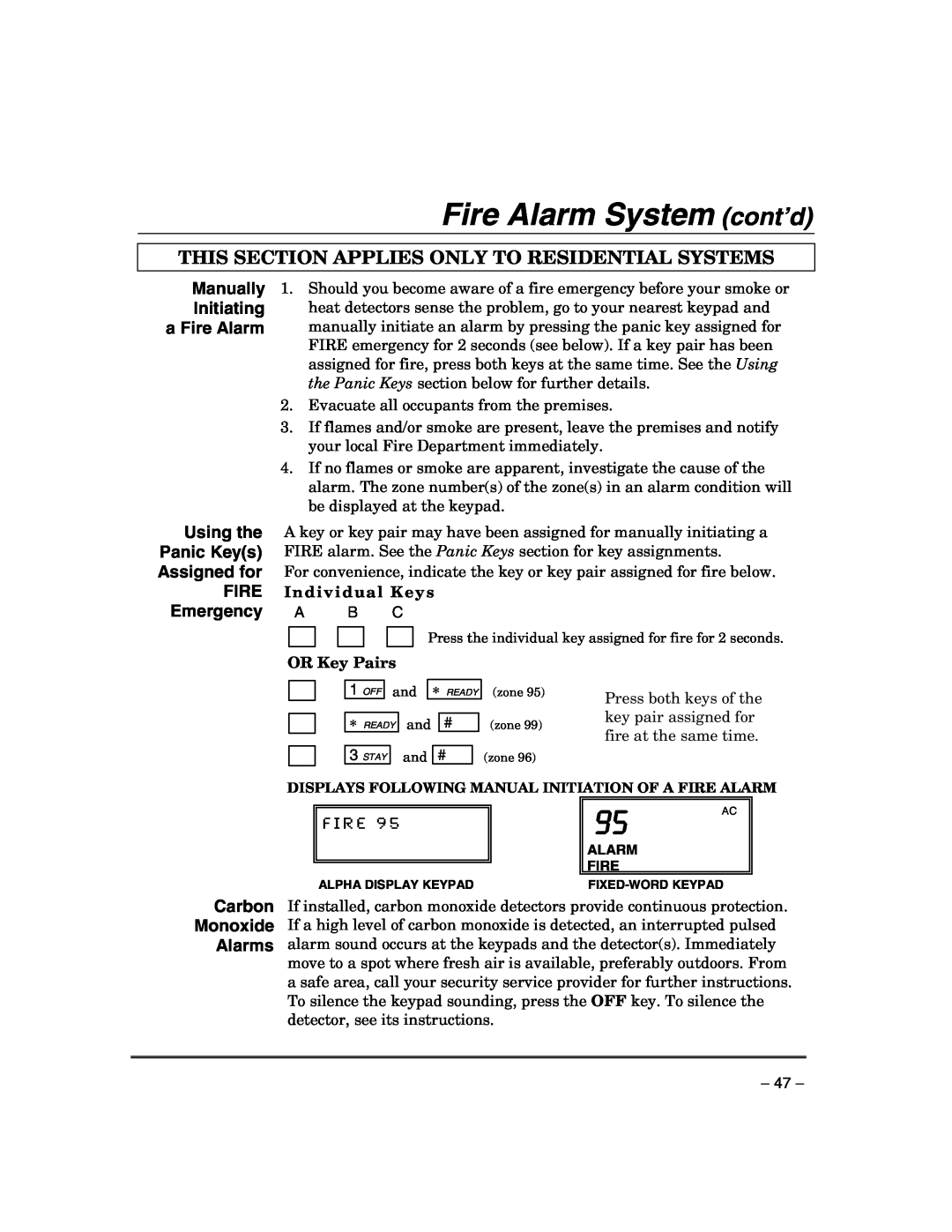 Honeywell VISTA-21IP Fire Alarm System cont’d, Manually Initiating a Fire Alarm, Carbon Monoxide Alarms, Individual Keys 