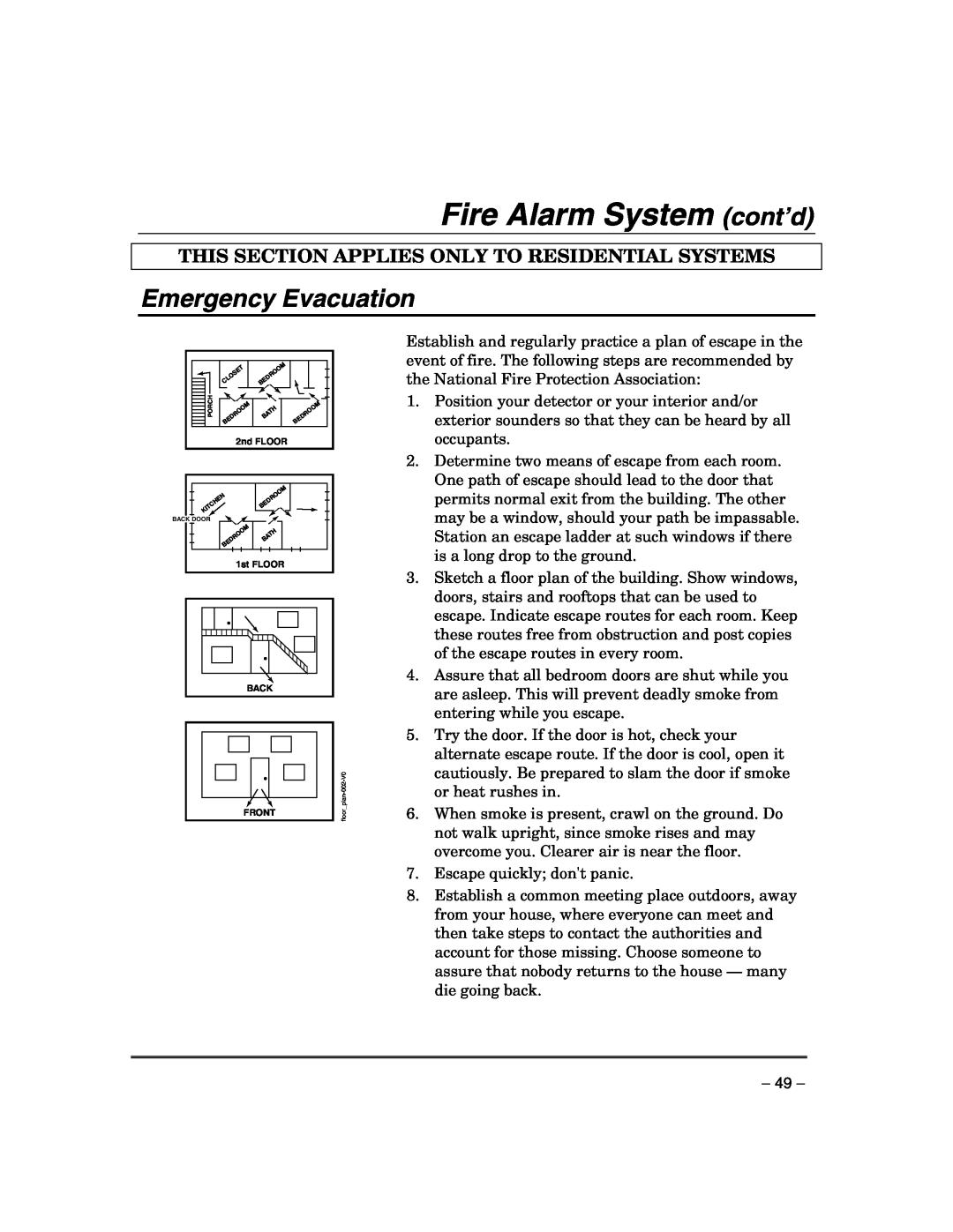 Honeywell VISTA-21IP Emergency Evacuation, Fire Alarm System cont’d, This Section Applies Only To Residential Systems 