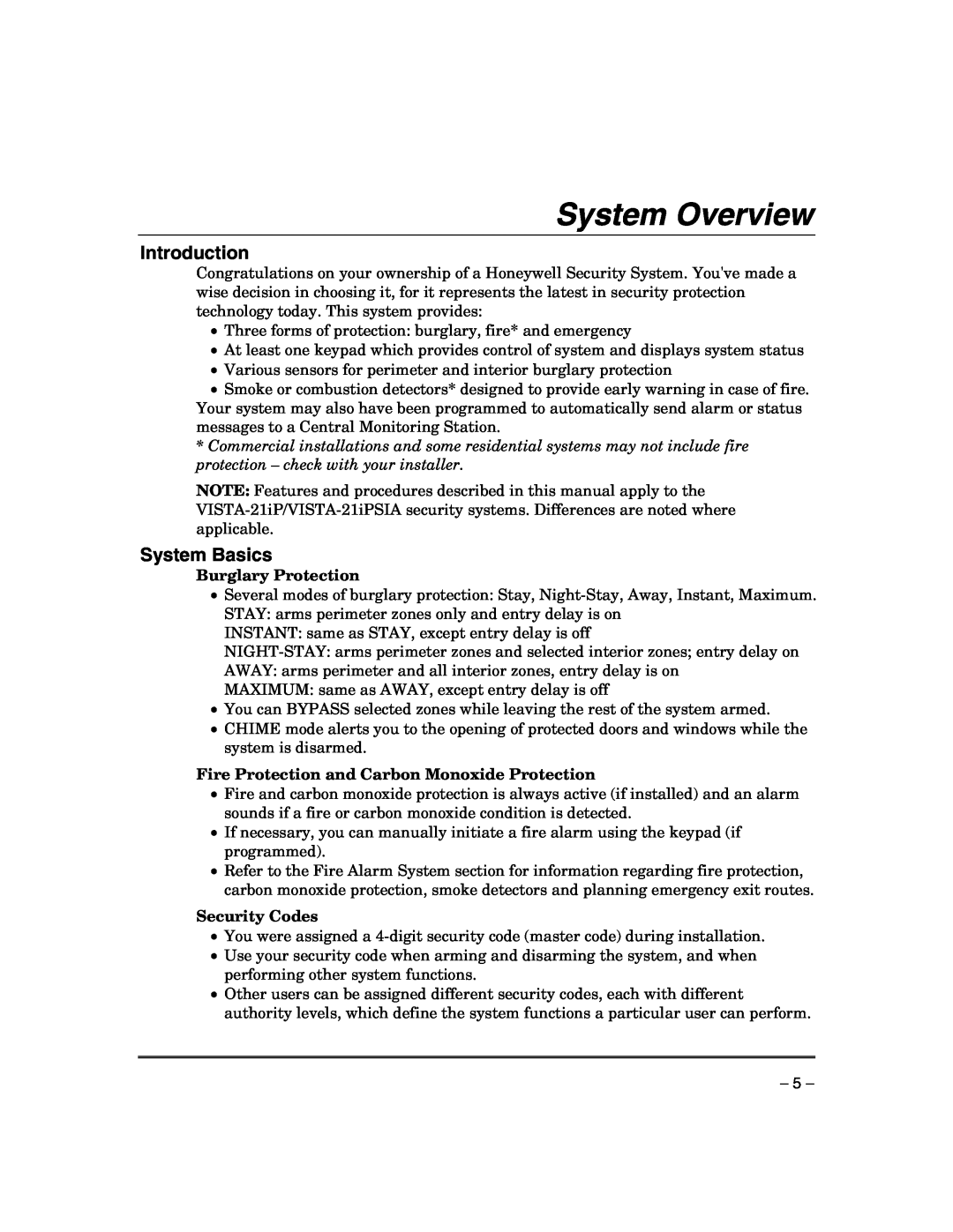Honeywell VISTA-21IPSIA manual System Overview, Introduction, System Basics, Burglary Protection, Security Codes 