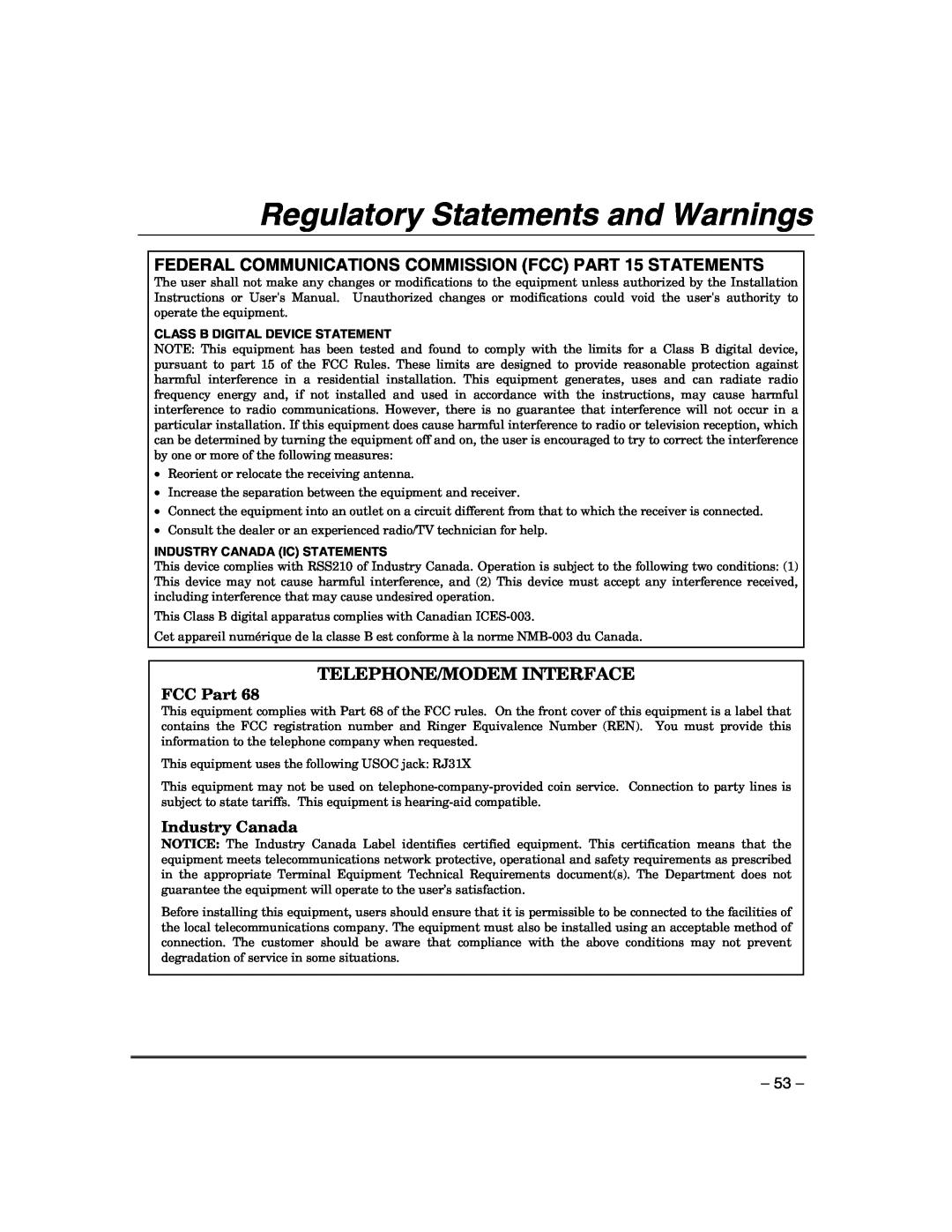 Honeywell VISTA-21IP manual Regulatory Statements and Warnings, FCC Part, Industry Canada, Telephone/Modem Interface 