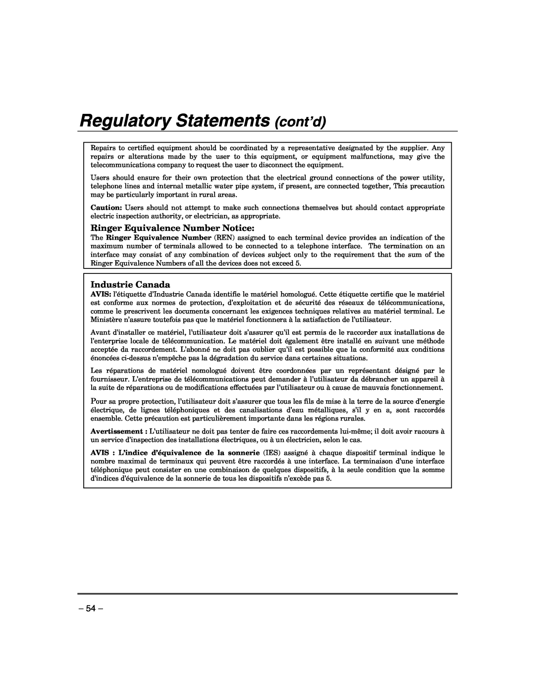 Honeywell VISTA-21IPSIA manual Regulatory Statements cont’d, Ringer Equivalence Number Notice, Industrie Canada 