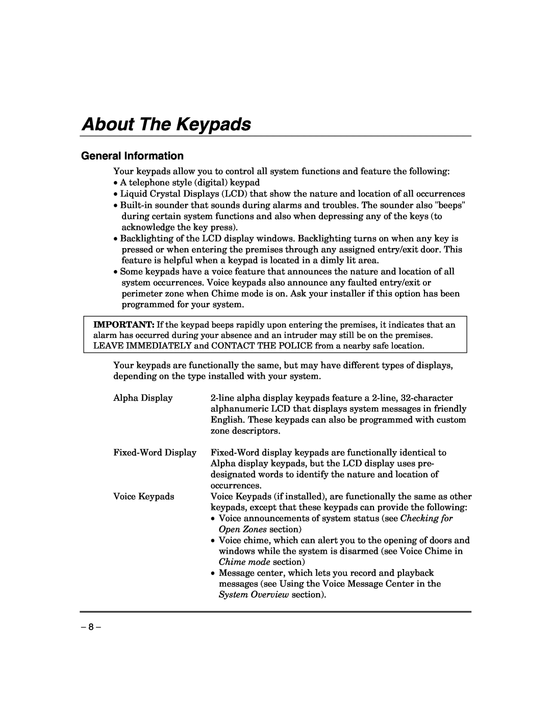 Honeywell VISTA-21IPSIA manual About The Keypads, General Information, Open Zones section, Chime mode section 