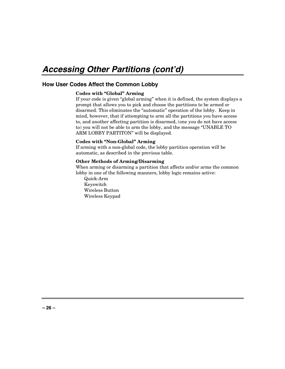 Honeywell VISTA-250BP manual How User Codes Affect the Common Lobby, Codes with Global Arming, Codes with Non-Global Arming 