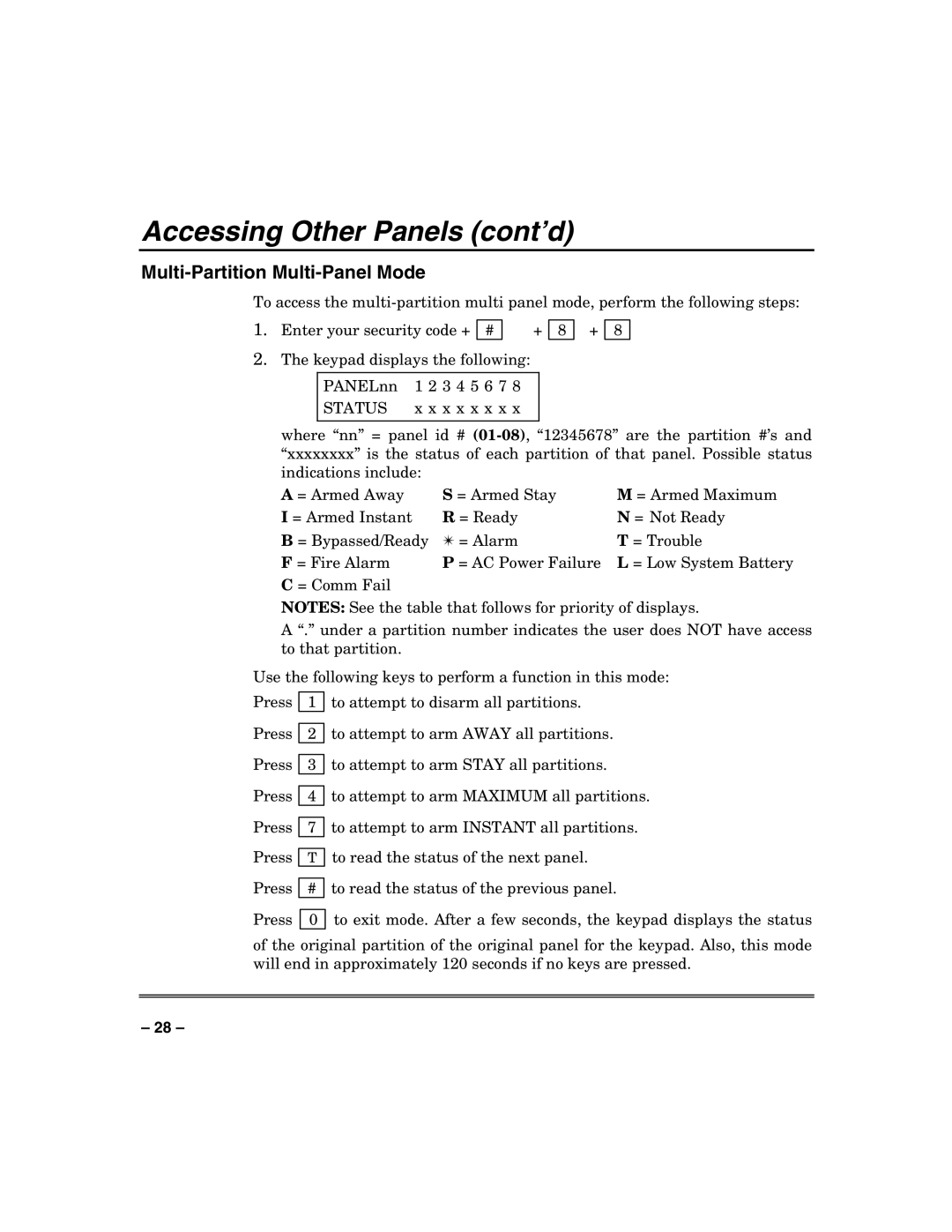 Honeywell VISTA-250BP, VISTA-128BP manual Accessing Other Panels cont’d, Multi-Partition Multi-Panel Mode 