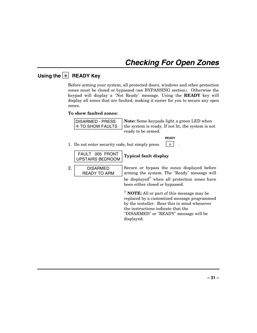 Honeywell VISTA-128BP, VISTA-250BP Checking For Open Zones, Using Ready Key, To show faulted zones, Typical fault display 