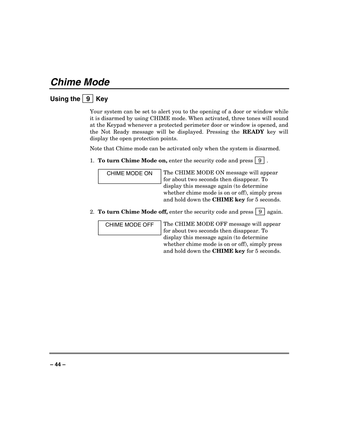 Honeywell VISTA-250BP, VISTA-128BP manual Using Key, Chime Mode on, Chime Mode OFF 