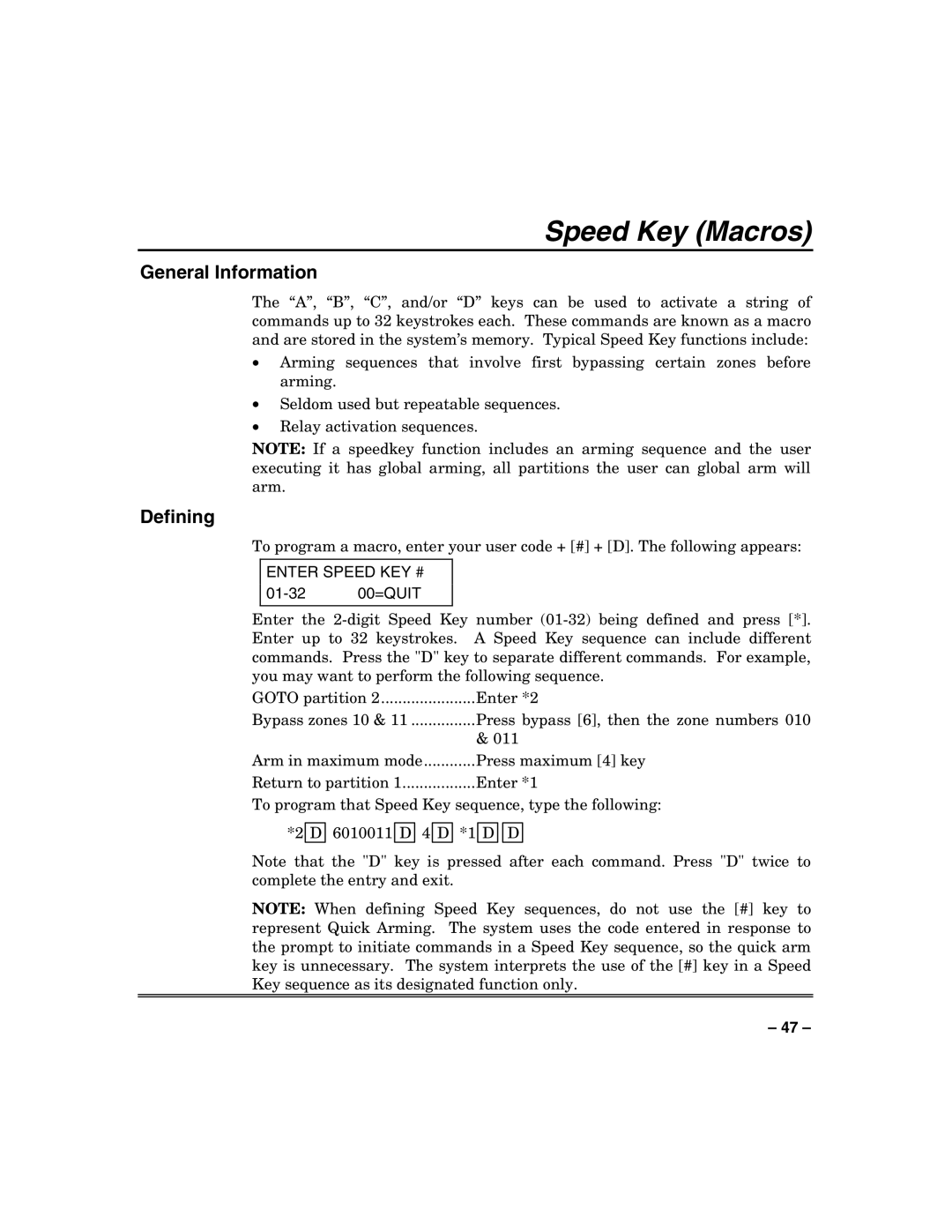 Honeywell VISTA-128BP, VISTA-250BP manual Speed Key Macros, Defining, Enter Speed KEY # 