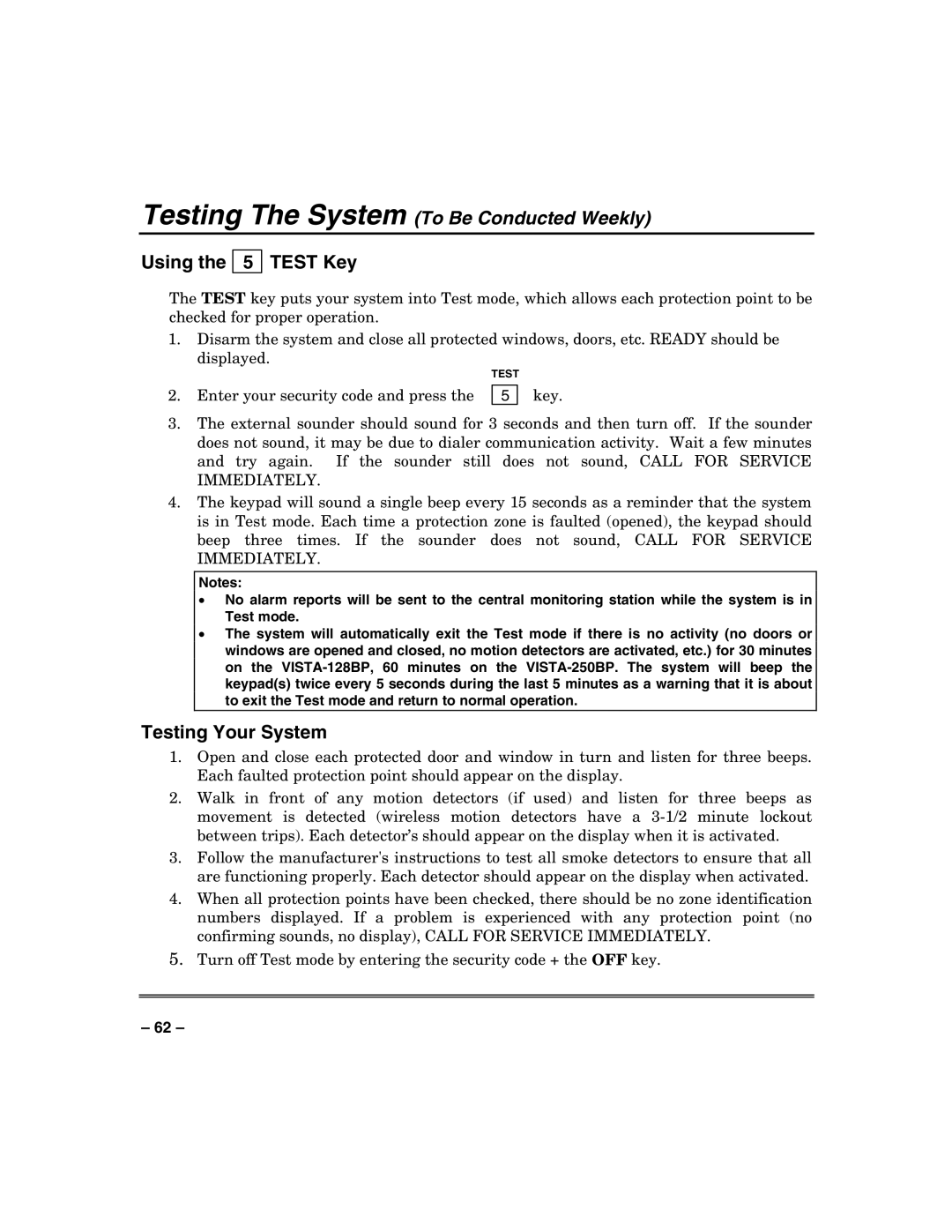 Honeywell VISTA-250BP, VISTA-128BP manual Using Test Key, Testing Your System 