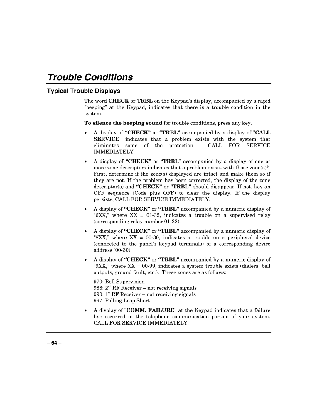 Honeywell VISTA-250BP, VISTA-128BP manual Trouble Conditions, Typical Trouble Displays 