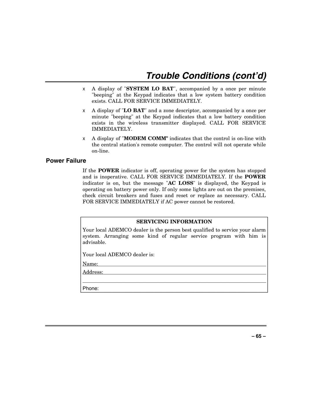 Honeywell VISTA-128BP, VISTA-250BP manual Trouble Conditions cont’d, Power Failure 