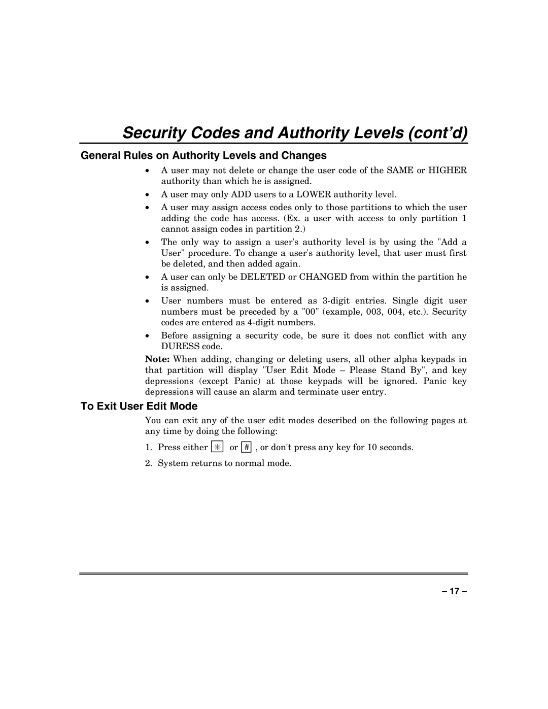 Honeywell VISTA-128BP, VISTA-250BP, VISTA-128SIA manual General Rules on Authority Levels and Changes, To Exit User Edit Mode 