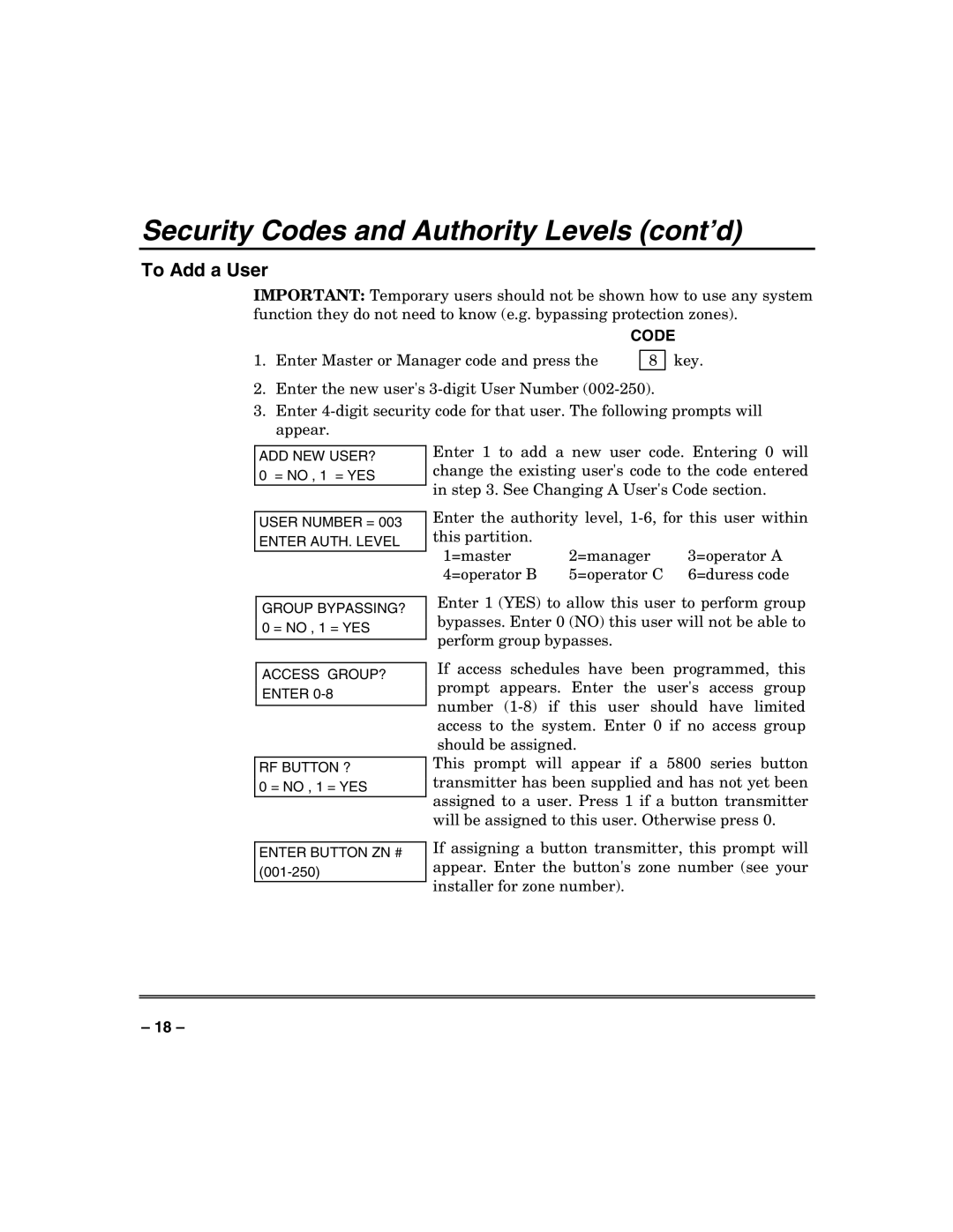 Honeywell VISTA-250BP, VISTA-128SIA, VISTA-128BP manual To Add a User, Code 