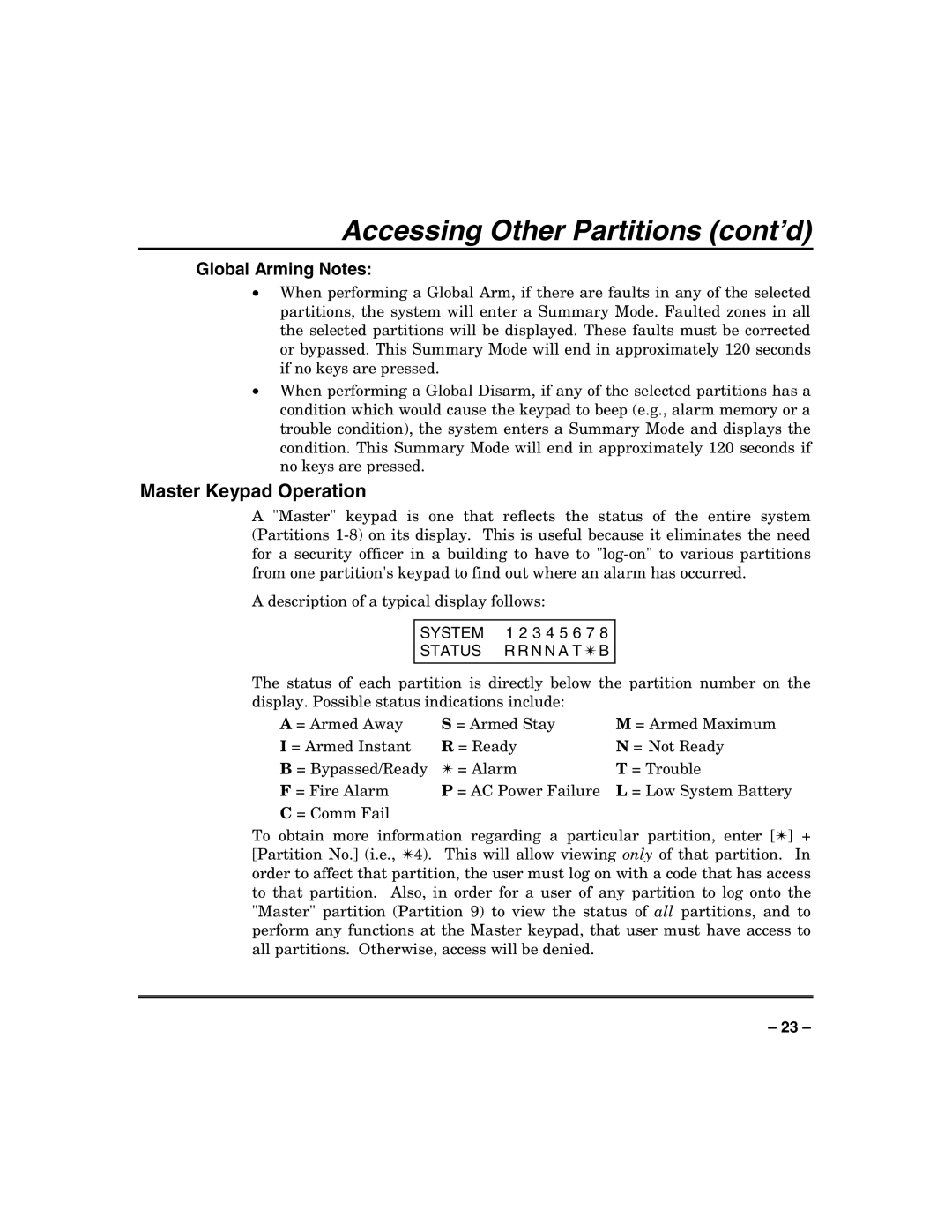 Honeywell VISTA-128BP, VISTA-250BP, VISTA-128SIA manual Accessing Other Partitions cont’d, System, Status 