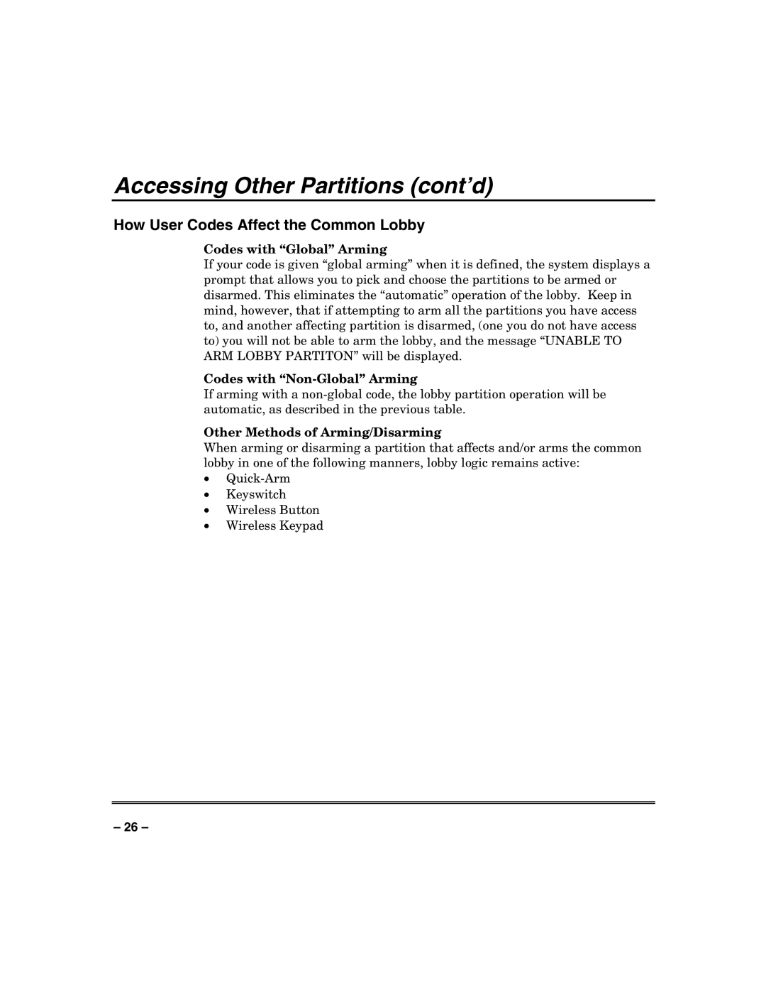 Honeywell VISTA-128BP manual How User Codes Affect the Common Lobby, Codes with Global Arming, Codes with Non-Global Arming 