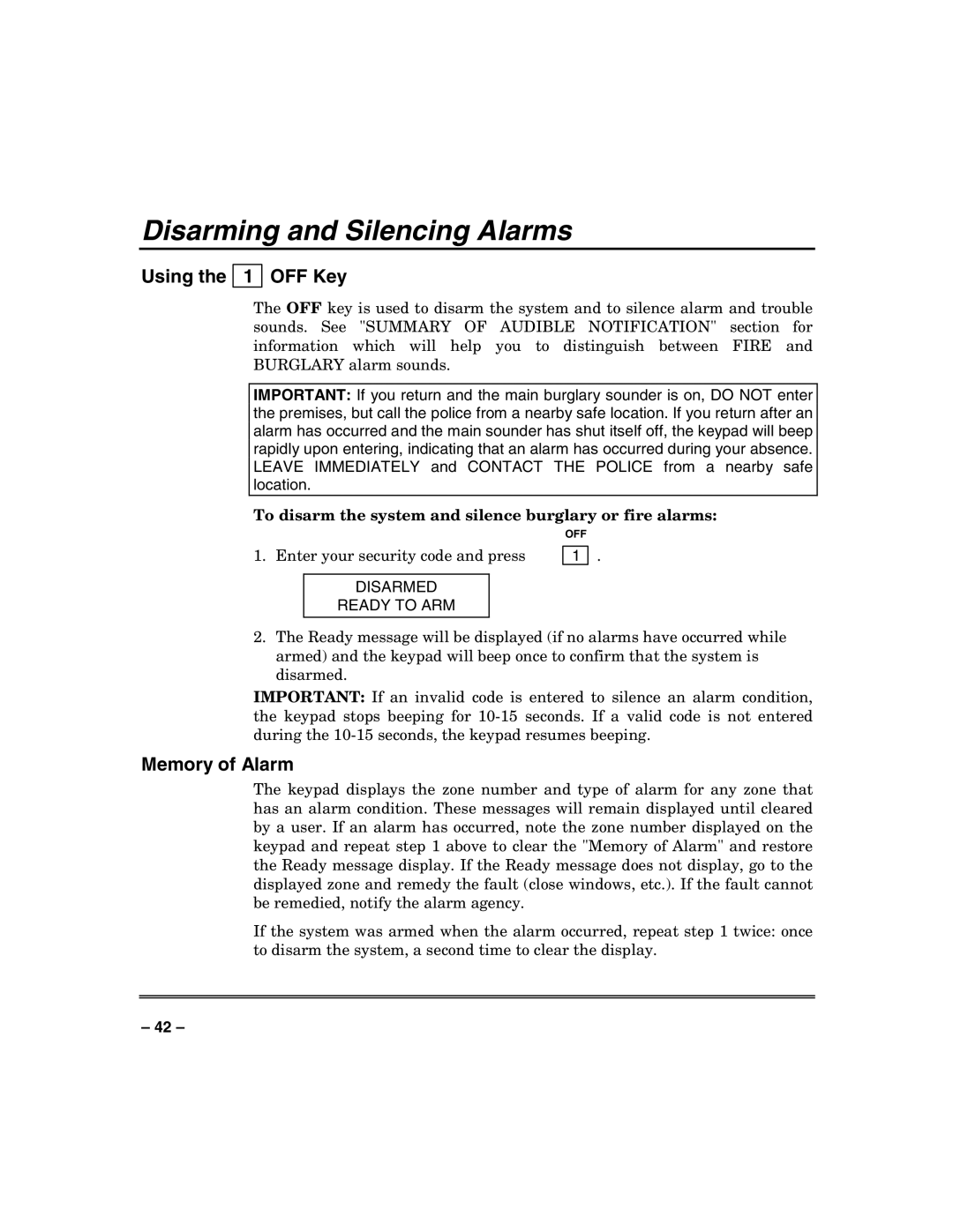 Honeywell VISTA-250BP, VISTA-128SIA, VISTA-128BP Disarming and Silencing Alarms, Using the 1 OFF Key, Disarmed Ready to ARM 