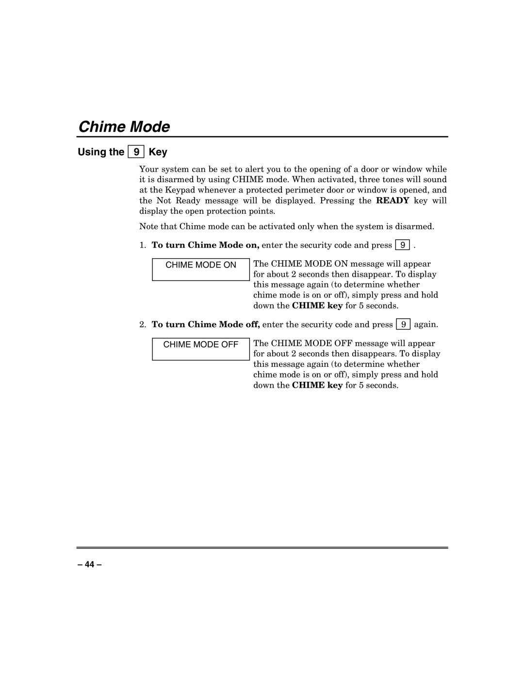 Honeywell VISTA-128BP, VISTA-250BP, VISTA-128SIA manual Using Key, Chime Mode on, Chime Mode OFF 