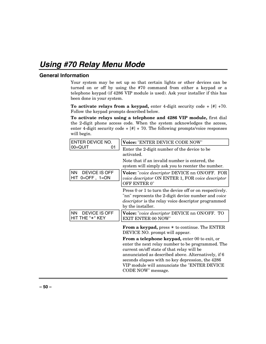 Honeywell VISTA-128BP, VISTA-250BP, VISTA-128SIA manual Using #70 Relay Menu Mode, Enter Device no 