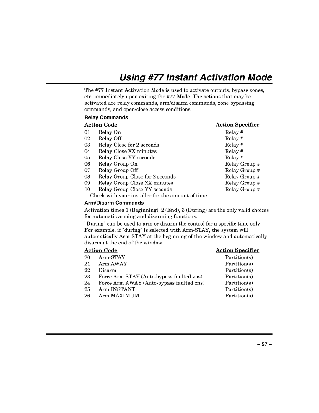 Honeywell VISTA-250BP, VISTA-128SIA, VISTA-128BP manual Using #77 Instant Activation Mode, Action Code Action Specifier 