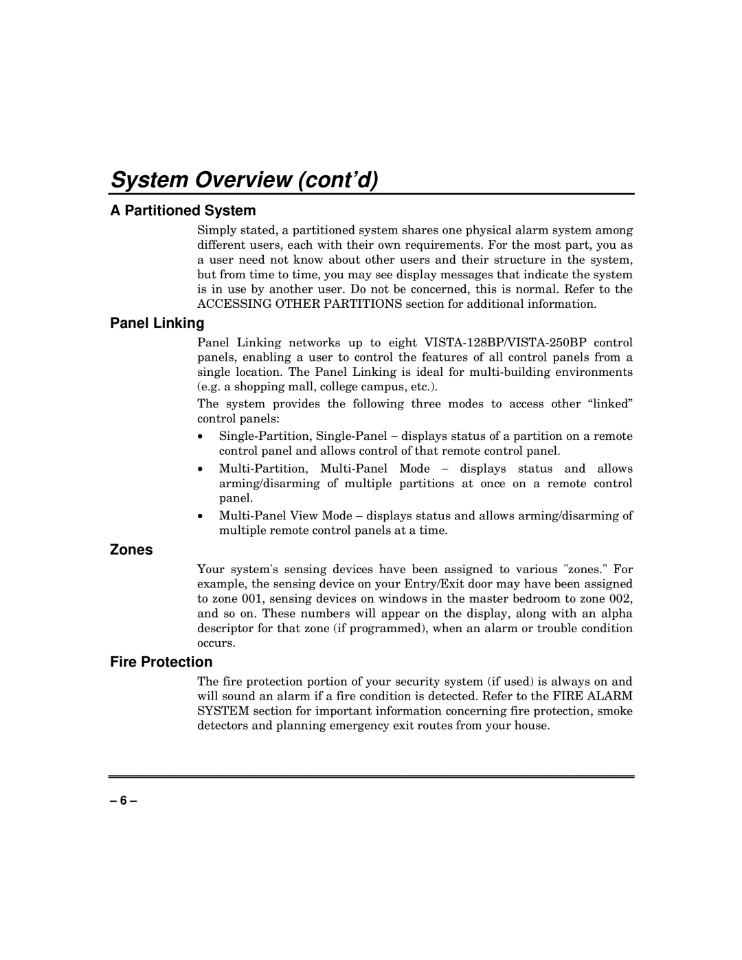 Honeywell VISTA-250BP, VISTA-128SIA manual System Overview cont’d, Partitioned System, Panel Linking, Zones, Fire Protection 