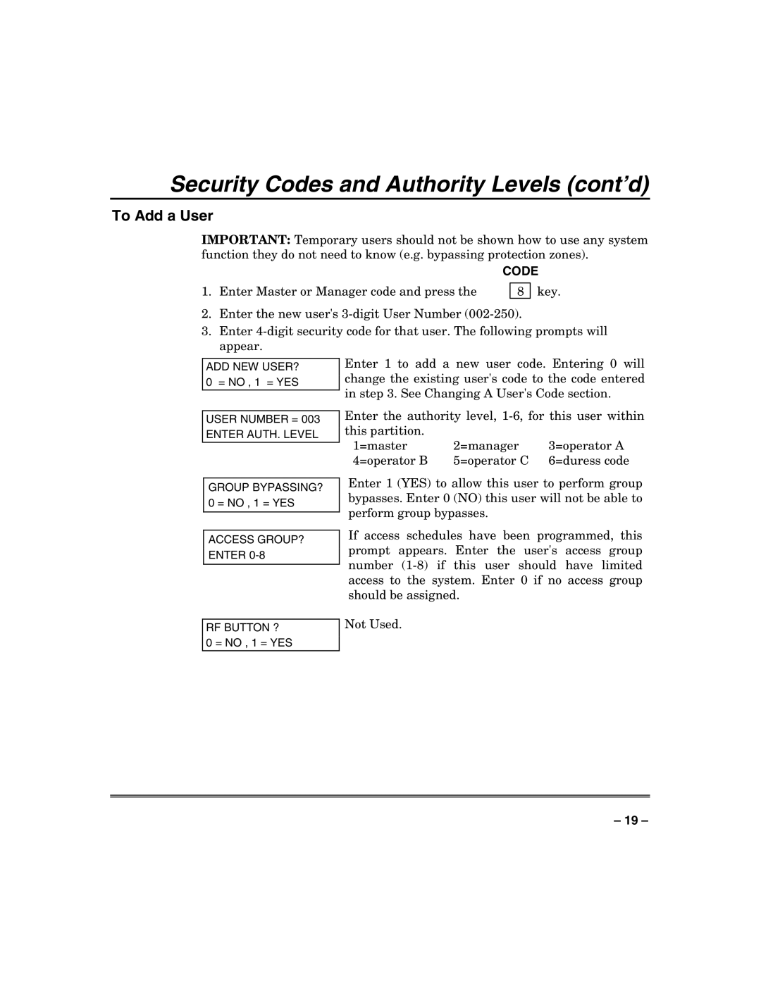 Honeywell VISTA-128FBP, VISTA-250FBP manual To Add a User, Code 