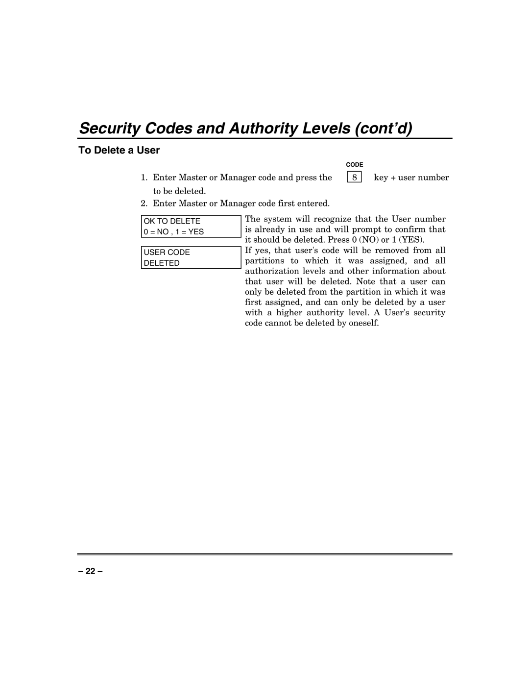 Honeywell VISTA-250FBP, VISTA-128FBP manual To Delete a User 